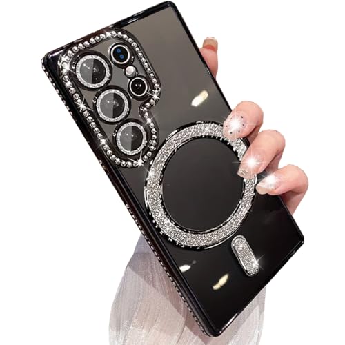 for Samsung Galaxy S26 Ultra Clear Glitter Case Magnetic, [Compatible with MagSafe] Women Cute Bling Diamond Sparkly Case Camera Lens Protectors Plating Cover for Galaxy S26 Ultra, Black - color: Black