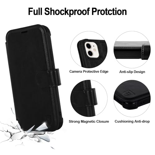 VANAVAGY Wallet Case for iPhone 11 6.1 inch, Black | 12ft Drop-proof Cover for Women Men, Silm PU Leather, RFID Blocking Card Holder, Wrist Strap, Screen Protector - color: Black