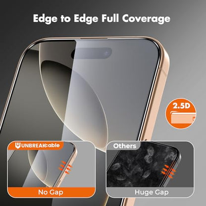 UNBREAKcable for iPhone 16 Pro Screen Protector, 3-Pack Full Coverage Tempered Glass [Military Grade Shatterproof] [9H Hardness] [Easy Installation Frame] [Bubble Free] for iPhone 16 Pro 6.3" - size: iPhone 16 Pro