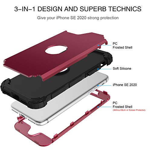 BENTOBEN for iPhone SE 2022 Case and iPhone SE 2020 Phone Case, Heavy Duty 3 in 1 Full Body Rugged Shockproof Hybrid Hard PC Soft Rubber Bumper Protective Girls Women Boy Men Cover, Wine Red/Burgundy - color: Black/Wine Red