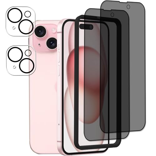 Privacy Screen Protector Designed For iPhone 15 Anti Spy Private Tempered Glass Film 2-Pack Camera Lens Protector Film 2-Pack With Easy Alignment Tool