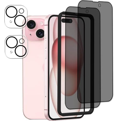 Privacy Screen Protector Designed For iPhone 15 Anti Spy Private Tempered Glass Film 2-Pack Camera Lens Protector Film 2-Pack With Easy Alignment Tool