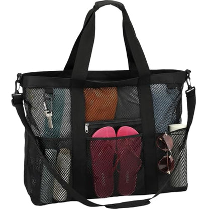 GYEUKHAM Mesh Beach Bag for Women, Sand-Resistant Pool Tote, 9 Pockets (1 Inner Zip), Foldable Family Travel Essentials - color: Extra Large - Black