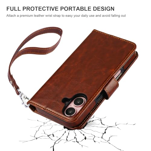 Bocasal Detachable Wallet Case Card Holder for iPhone 16, Brown | RFID Blocking Kickstand Card Slots Holder PU Leather Magnetic Shockproof Wrist Strap Removable Flip Protective Cover 6.1 inch - color: Brown