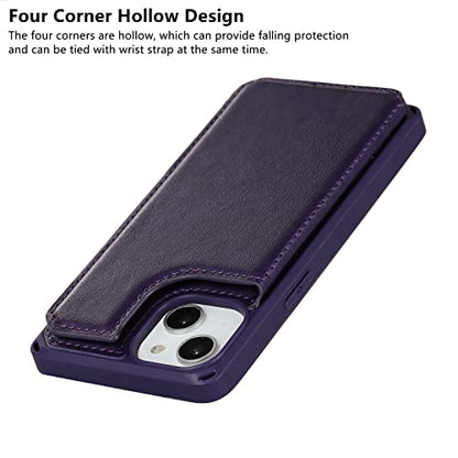 iCoverCase Compatible with iPhone 14 Wallet Phone Case with Card Holder for Women, RFID Blocking Embossed PU Leather Wrist Strap Case 6.1 Inch (Macaron Dark Purple) - color: P-Dark Purple