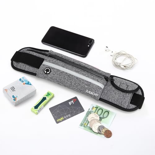 Jueachy Running Belts for Women Waterproof Fanny Pack Running Waist Pouch Phone holder Adjustable Sports Money Belt with Headphone Port - color: Grey