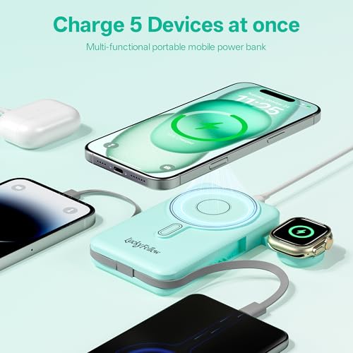 Magnetic Portable Charger Built-in Cables,10000mAh Fast Charging Wireless Charger Station External Battery Pack Slim Pocket Size Power Bank with Stand Compatible with iWatch, iPhone - color: Green