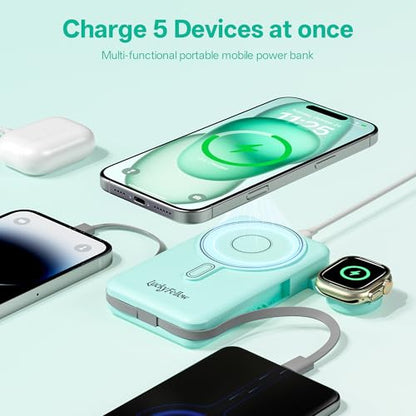 Magnetic Portable Charger Built-in Cables,10000mAh Fast Charging Wireless Charger Station External Battery Pack Slim Pocket Size Power Bank with Stand Compatible with iWatch, iPhone - color: Green