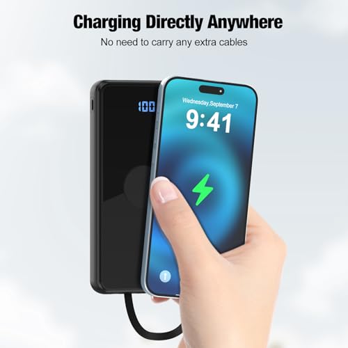 Portable Charger with Built in Cables,High Speed Power Bank 10000mAh Travel Battery Pack 5 Outputs 3 Inputs Portable Phone Charger Backup Battery for iPhone, Samsung, iPad,Tablets (Black) - color: Black