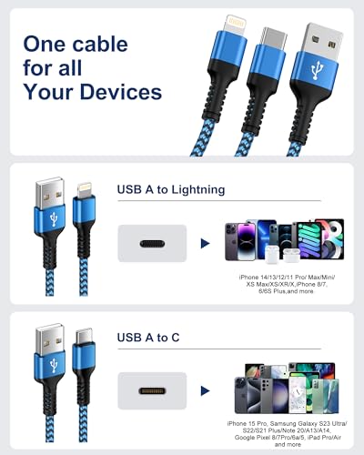 Multi Charging Cable USB to USB C and Lightning Cable, 2 in 1 Charger Cable