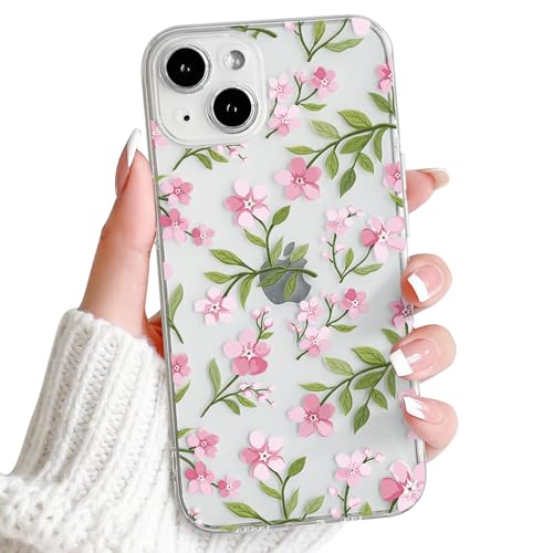 NITITOP Compatible with iPhone 15 Pro Case Clear Cute Flower - Pink | Branch, Floral, Precision camera cutouts, For girl woman, Slim fit, Soft TPU, Shockproof - color: Pink