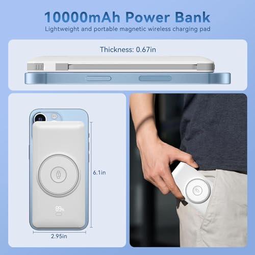 Magnetic 10000mAh Portable Charger for iWatch & iPhone, PD Fast Charging Wireless Power Bank Built-in Cables and Wall Plug, External Travel Battery Pack Compatible with iOS Android Phones - color: White