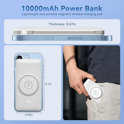Magnetic 10000mAh Portable Charger for iWatch & iPhone, PD Fast Charging Wireless Power Bank Built-in Cables and Wall Plug, External Travel Battery Pack Compatible with iOS Android Phones - color: White