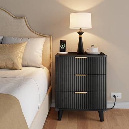 Wood Nightstands Set of 2 w/Charging Station, 3 Drawers Fluted Dresser - color: Black, size: 3 Drawers-Set of 2 Nightstand