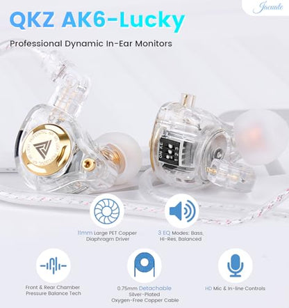 Wired Gaming Earbuds with Mic, 11mm Dynamic Driver HiFi in Ear Monitors, 3-Way Adjustable Tuning Switch Detachable Cable IEM Earphones, Deep Bass Noise Isolating Headphones for Musician Game PC Laptop - color: White