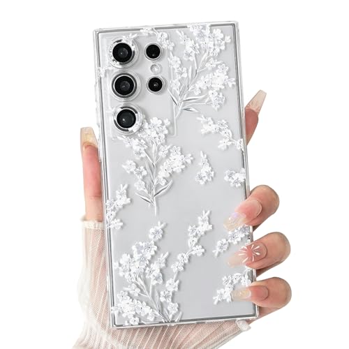NITITOP Compatible with Samsung Galaxy S24 Ultra Case Clear Cute Flowers Floral Leaves for Women Girls Soft TPU Durable Full Camera Lens Shockproof Protective Cover - White - color: White, size: Samsung Galaxy S24 Ultra