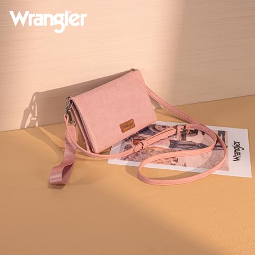 Montana West Wrangler Womens Wristlet Wallet RFID Blocking Bifold Clutch Credit Card Holder Purse with Crossbody Strap - color: B-Pink