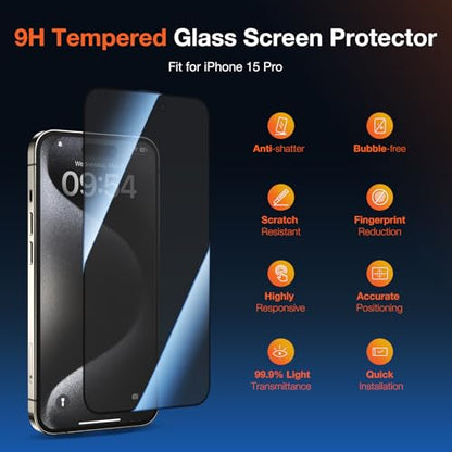 KUZOOM 2Pack Privacy 9H+ Tempered Glass Screen Protector for iPhone 15 Pro - color: Black 15Pro