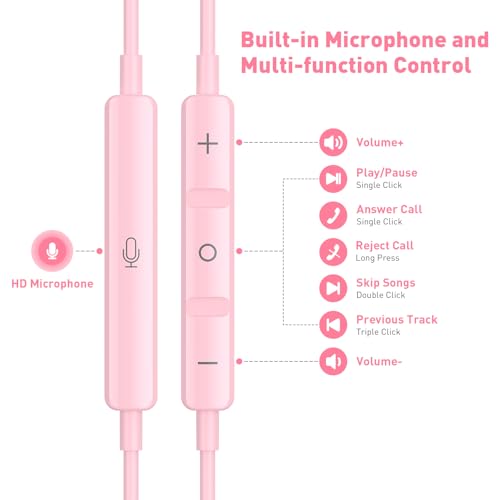 USB C Headphones Magnetic Wired Earbuds with Mic Volume Control 4ft Pink - color: Rose-Pink