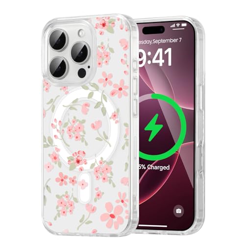 QLTYPRI Magnetic for iPhone 12/12 Pro Case Compatible with Magsafe, Cute Floral Flower Aesthetic Phone Case Slim Clear Anti-Yellowing Shockproof Phone Cover for Girls Women - Pink - color: Pink, size: iPhone 12/12 Pro