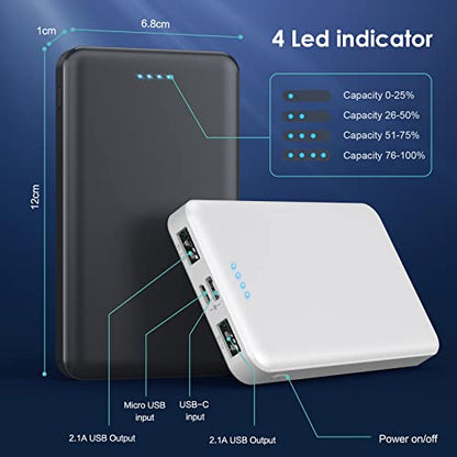 [2 Pack] Portable Charger Power Bank 10000mAh,Ultra Slim Compact External Battery Pack with USB C Input & Dual USB Outputs Backup Charger Compatible with iPhone 13,12, Samsung S20,Tablet -Black+White - color: Black+White