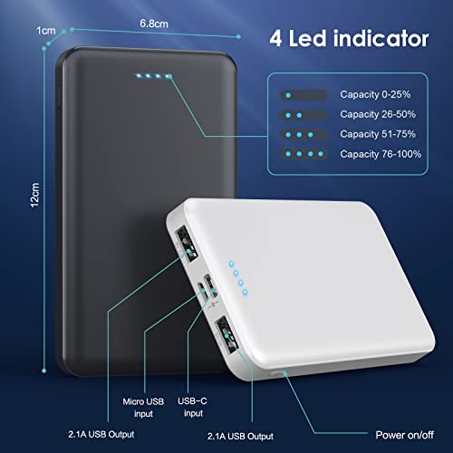 [2 Pack] Portable Charger Power Bank 10000mAh,Ultra Slim Compact External Battery Pack with USB C Input & Dual USB Outputs Backup Charger Compatible with iPhone 13,12, Samsung S20,Tablet -Black+White - color: Black+White