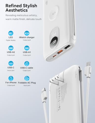 Portable Charger 10000mAh 20W, Wall Plug, 2 Cables, iWatch Charging - color: Auroral White