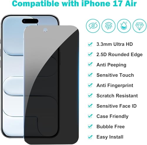 3 Pack for iPhone 17 Air Privacy Screen Protector +2 Lens Cover - size: iPhone 17 Air (6.6 inch)