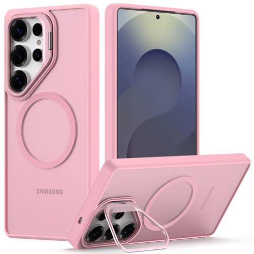 Nvollnoe for Samsung S25 Ultra Case Compatible with MagSafe Military Grade Shockproof Heavy Duty Protective Adjustable Kickstand Matte Semi Clear Phone Cover for Samsung S25 Ultra(Pink) - color: Pink