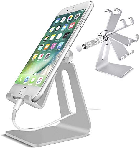 Phone & Tablet Stand Adjustable Multi‑Angle Aluminum Phone & Tablet Stand Adjustable Non‑Slip Dock/Cradle/Charging Station for Desktop, Bed, Kitchen, Office (Silver) - color: Sliver
