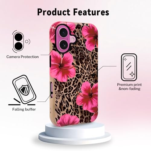 Lovmooful for iPhone 16 Case Cute Flower Leopard-Hibiscus | Compatible for iPhone 16 Case,Aesthetic,Hibiscus,Floral,2 in 1,for Women Girls,Soft TPU+PC,Shockproof,Protective - size: iPhone 16