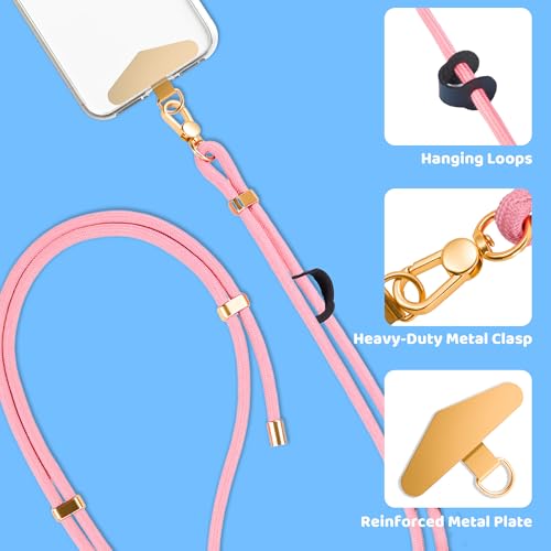 BestStone Crossbody Phone Lanyard Strap with 2 Tether Tabs (Nylon Pad + Metal Plate), Adjustable Cell Phone Lanyard - color: Hot Pink