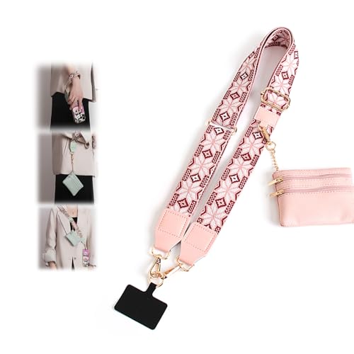 Phone Strap with Zippered Pouch, Clip and Go Strap for Phone with Wallet Crossbody - color: Bohemia Pink Flower
