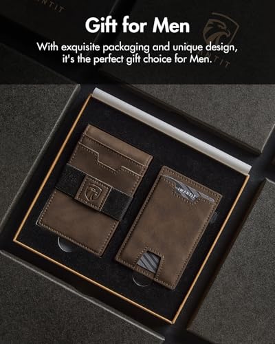 iwantit 3 in 1 MagSafe Wallet Men: Slim Bifold Money Clip + Smart Pop up Card Holder - Cash Strap, Men’s Minimalist Magnetic Wallet, ID Window, Premium Leather (Nubuck Brown) - color: Nubuck Brown