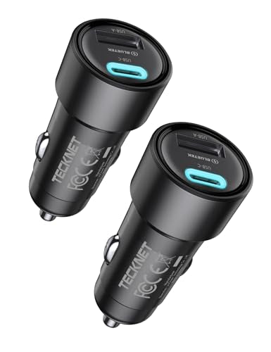 TECKNET USB Car Charger[2Pack], 48W 2-Port Cigarette Lighter Fast Chargering, PD&QC3.0 USBC Car Charger Adapter Compatible with iPhone 17/16/15/14 Pro Max/Plus Galaxy