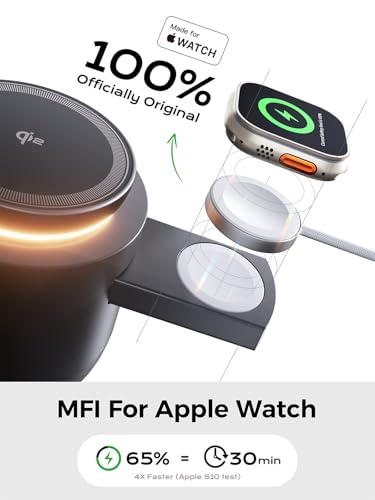 THREEKEY 4 in 1 Qi2 Magnetic Wireless Charging Station, 15W Fast Charger with Made for Apple Watch Charging Module, for iPhone 18–12 Series & AirPods, 65W Adapter Included - color: Black