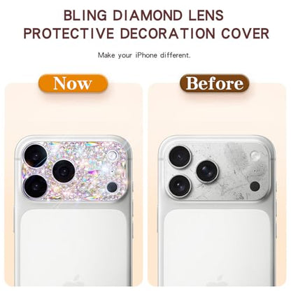 Bling Diamond Camera Lens Protector Compatible with iPhone 17 Pro Max, Metal Glitter Gem Camera Cover，9H Tempered Glass lens full Screen Sparkle Rhinestone Protector - size: for iPhone 17 Pro Max