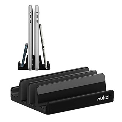 Vertical Laptop Stand - SPACEMax Adjustable GRIPLock Anti-Tip Silicone 4 Slots Aluminum Desktop Holder - Double Dock Stand - 2 Phone Slots Fits Up to 17.3” Laptops, Tablets, Phones - Black - color: Black