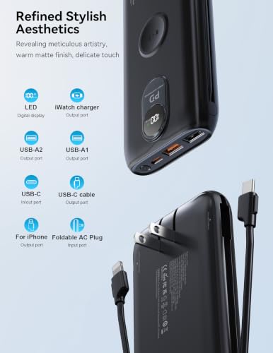 Portable Charger 10000mAh 20W, Wall Plug, 2 Cables, iWatch Charging - color: Cosmic Black