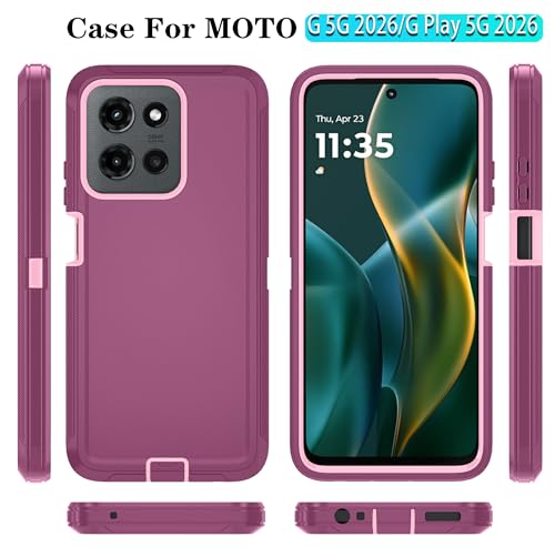 Qinmay Phone Case for Motorola Moto G 2026/Moto G Play 5G 2026 Case with HD Screen Protector, Heavy Duty Shockproof & Dropproof 3-Layer Cover Phone Case,WineRedPink - color: WineRedPink