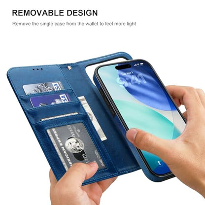 Bocasal Detachable Wallet Case Card Holder for iPhone 17 Pro Max Blue | RFID Blocking Kickstand Card Slots Holder PU Leather Magnetic Shockproof Wrist Strap Removable Flip Protective Cover 6.9 inch - color: Blue