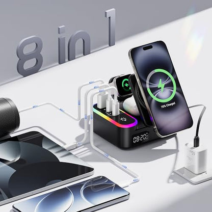8-in-1 Foldable Wireless Charging Station for Apple Devices with Clock, 65W - color: Black