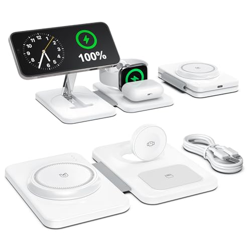 3 in 1 Magnetic Wireless Charger for Apple Multiple Devices, Foldable Fast Charging Station - Magsafe Charger Stand, Travel Charger Pad for iPhone 17 16 15 14 13 12 Series/Apple Watch/AirPods Pro - size: 1 Pack White