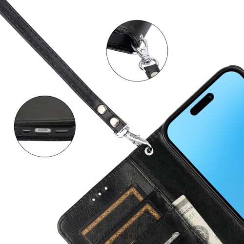 Bocasal Detachable Wallet Case Card Holder for iPhone 16 Pro, Black | RFID Blocking Kickstand Card Slots Holder PU Leather Magnetic Shockproof Wrist Strap Removable Flip Protective Cover 6.3 inch - color: Black