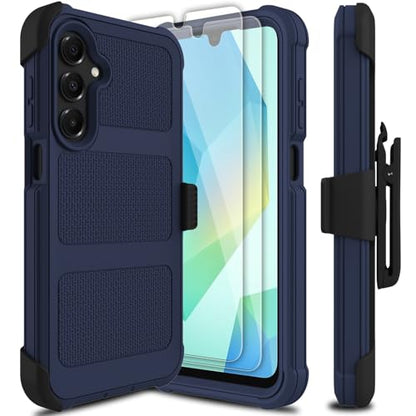 for Samsung Galaxy A16 5G Case with 2 Pack Tempered Glass Screen Protector, [Holster Series] Belt Clip Hard Tough Heavy Duty Rugged Shockproof Protective Cell Phone Case (Dark Blue) - color: Dark Blue