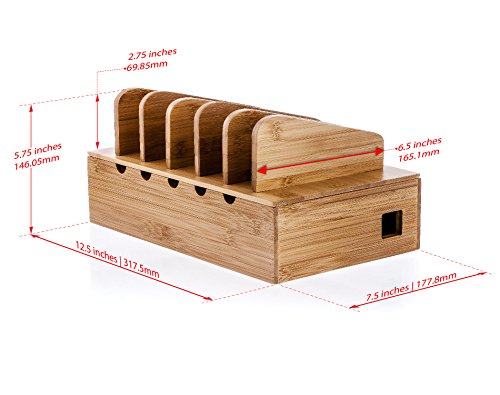 Prosumer's Choice Wooden Charging Station Organizer - 5-Port Base for Phones, Tablets and Laptops - Multi-Device Docking Station with Removable Divider Slots - Cord Box with Cable Management - Bamboo