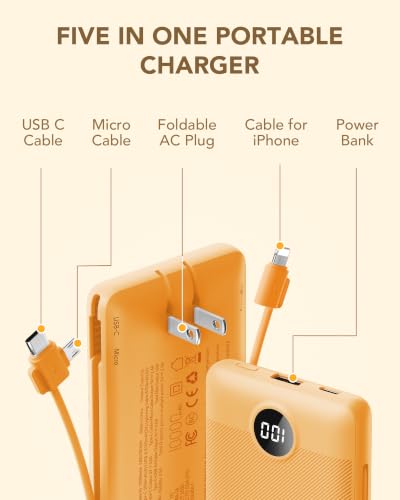 VRURC Portable Charger, Power Bank Built-in Cables and AC Wall Plug - color: Orange