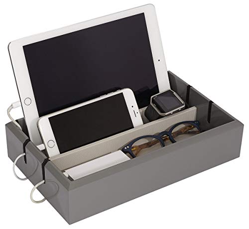 OYOBox Tech Tray Luxury Personal Electronics Organizer, Designer Lacquered Wood Stand Display Stores + Charges Multiple Devices Including: Tablets, iPhone + iPad and Smart Watches, Royal Grey