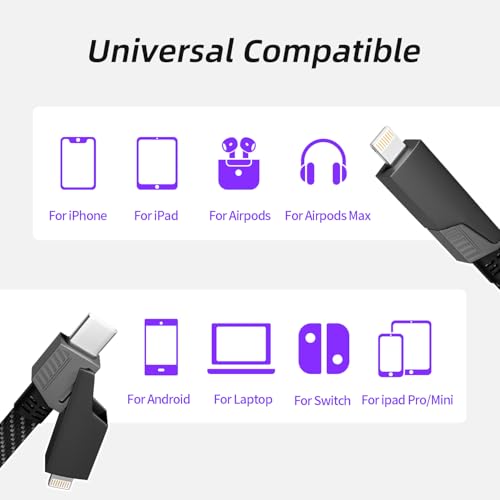 4 in 1 Charging Cable Fast Charging 65W with E-Mark Chip, Carplay - color: Dark Black, size: 4FT 1Pack