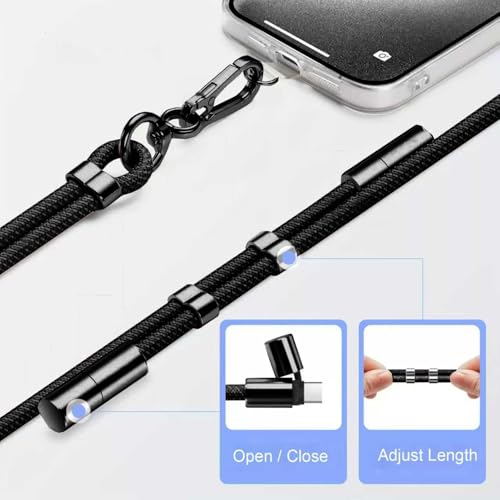 2-in-1 Phone Lanyard USB-C Charging Cable, 60W Fast Charge Braided Crossbody Strap, Adjustable Anti-Lost Cord - color: Black